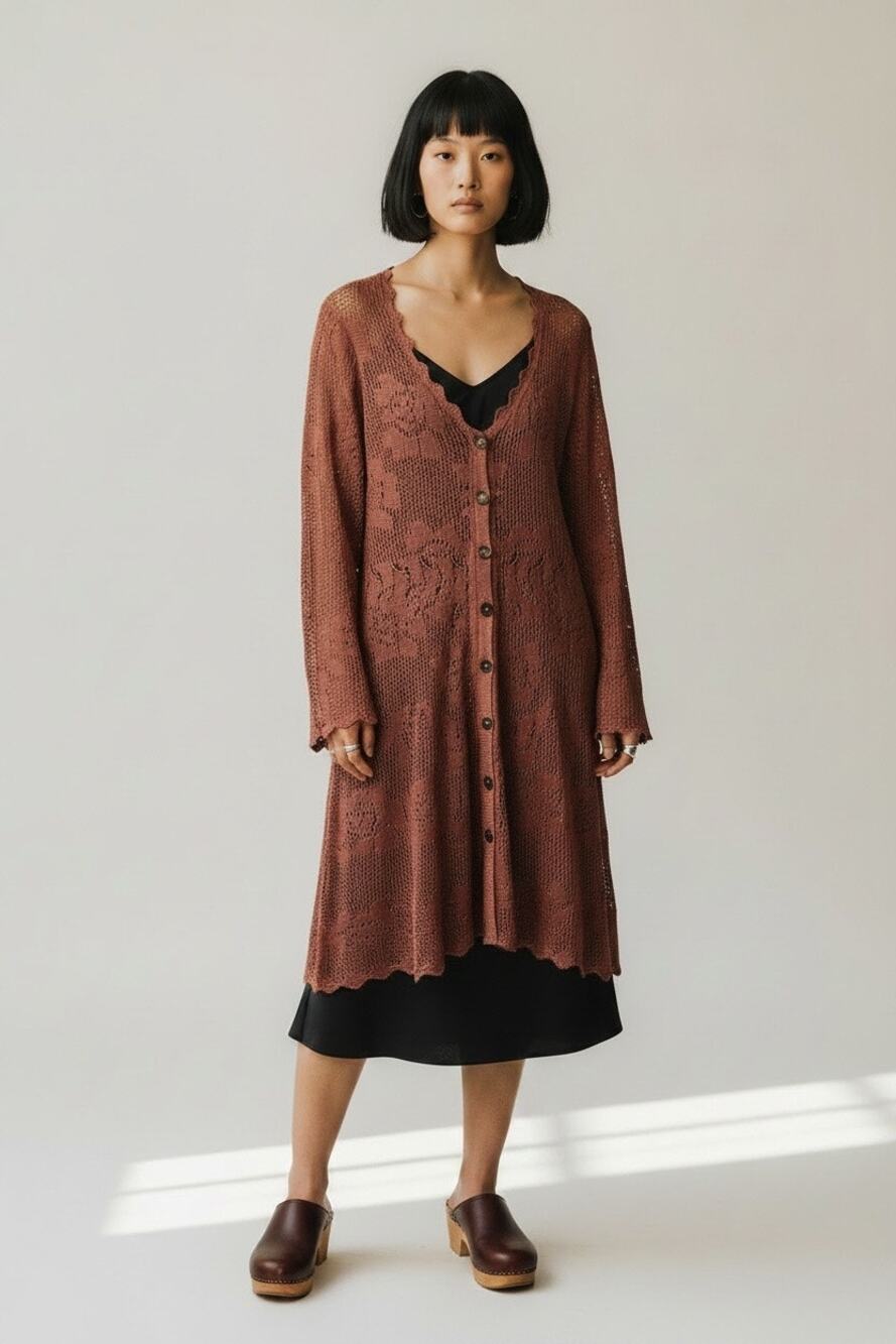 Peruvian Connection Metallic Crochet Lace Duster Cardigan Dress Rust Size L